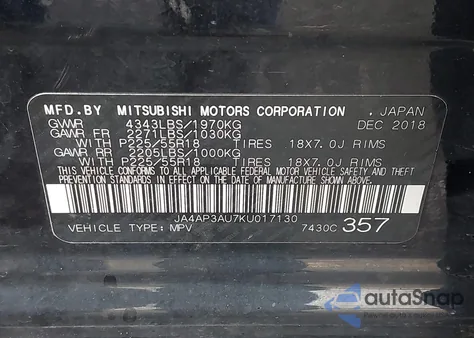 2019 Mitsubishi Outlander Sport 2.0 Es z USA, uszkodzony, nr VIN JA4AP3AU7KU017130